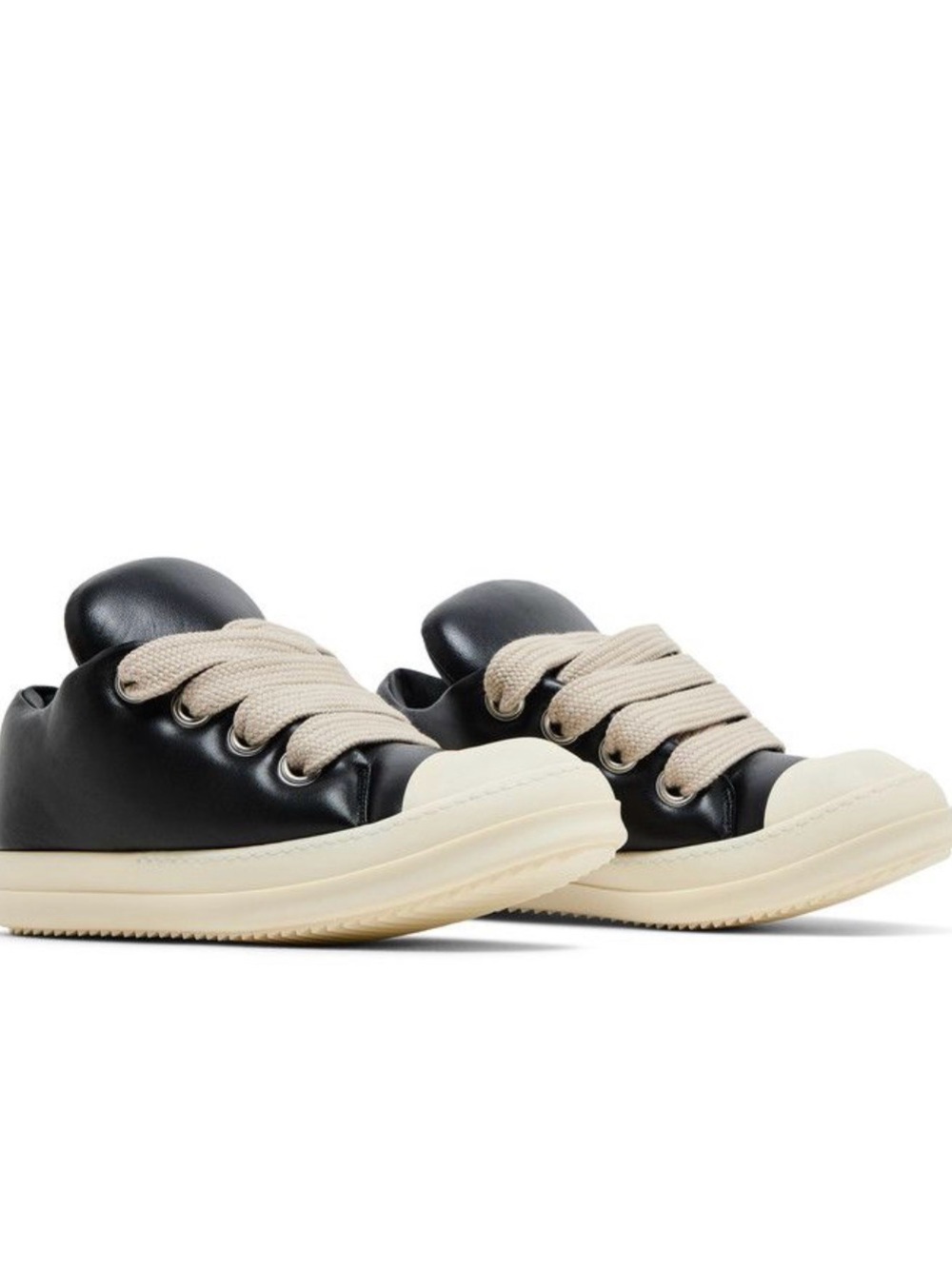 Rick Owens Black Leather Low-Top Sneakers with Cream Laces and Sole